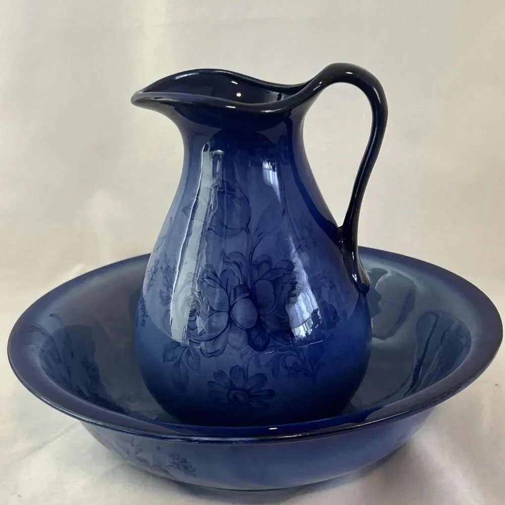 Vintage Staffordshire of England Flow blue Floral Pitcher and Bowl Set